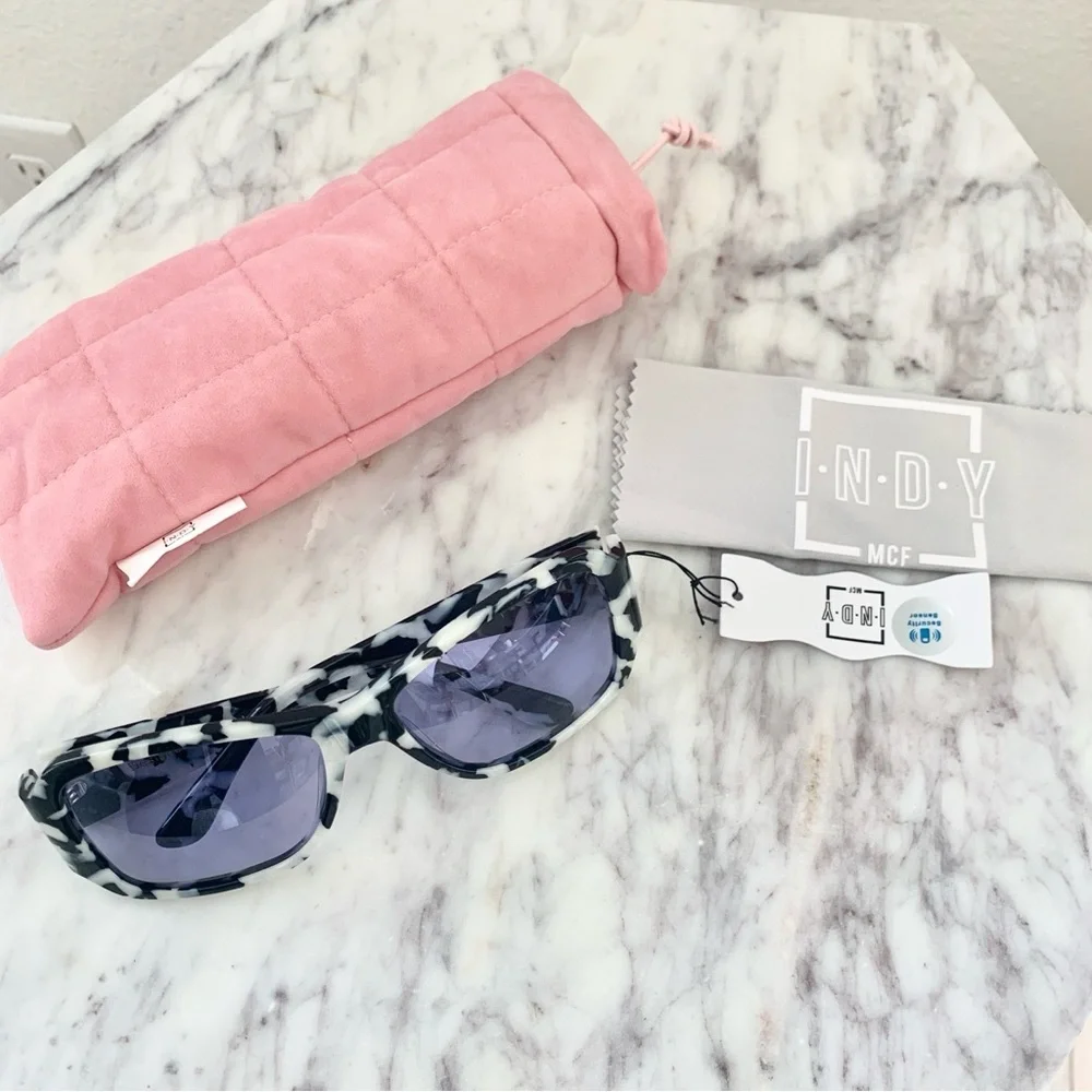 INDY Maui Sunglasses in Black White Marble Tortoise Blue Lens Anthropologie - Picture 14 of 16